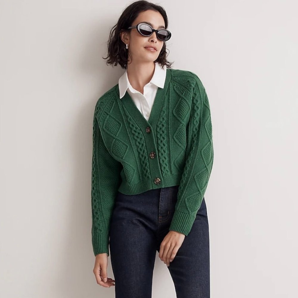 Madewell | S | Cable Knit Crop Cardigan | Varsity Green